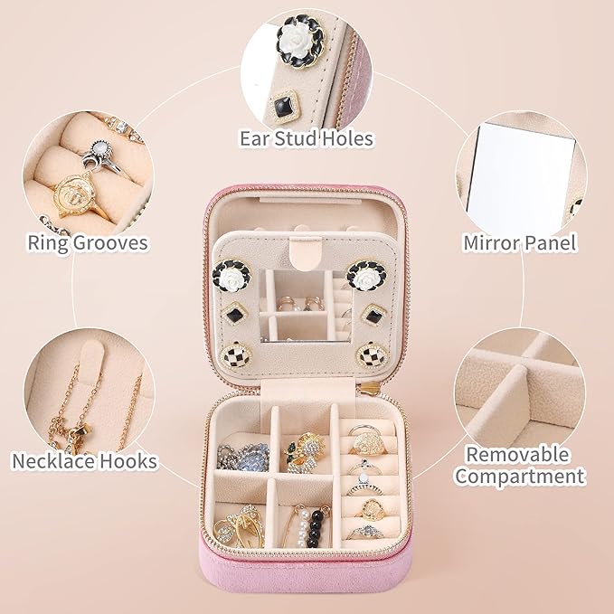 Dajasan Velvet Travel Jewelry Box, Mini Travel Jewelry Case, Small Portable Travel Jewelry Organizer Box with Mirror for Earrings Bracelets Rings Necklace (Pink)