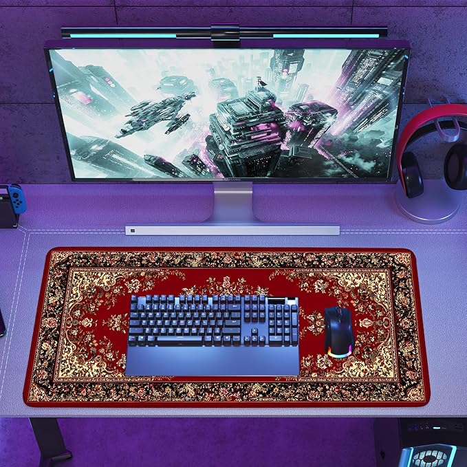 Red Vintage Persian Rug Mouse Pad – Large Extended Desk Mat 35.43 x 15.75 in – Oriental Carpet Design, Non-Slip Rubber Base, Waterproof Surface, Keyboard & Mouse Pad for Office, Gaming, Home