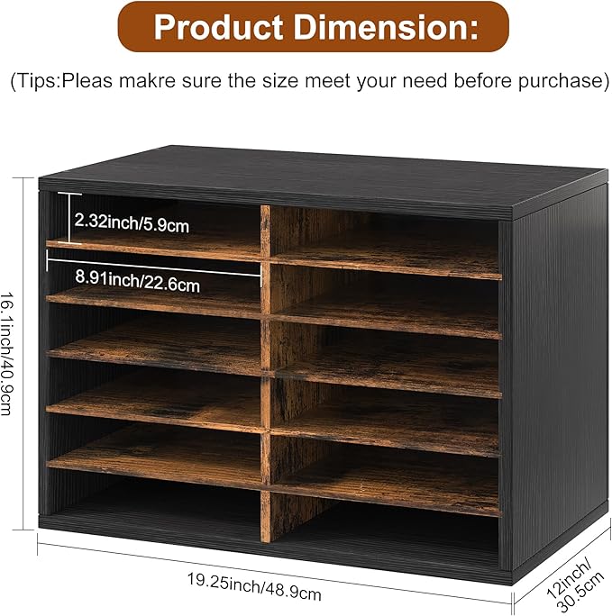 Literature Organizer 12 Slots Wooden Mailboxes for Classroom Office Mail Organizer Countertop Vertical File Sorter with Adjustable Shelves Heavy Duty Office Mailbox Cubbies, Black/Rustic Brown