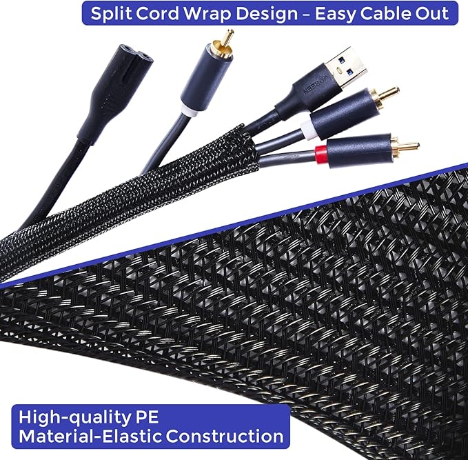 Cable Management Sleeves 1in - 2 Pack 6.6ft Split Braided Sleeve Black, Protectors From Pets, Wire Organizers, Flexible Wrap for Computer Cord Management