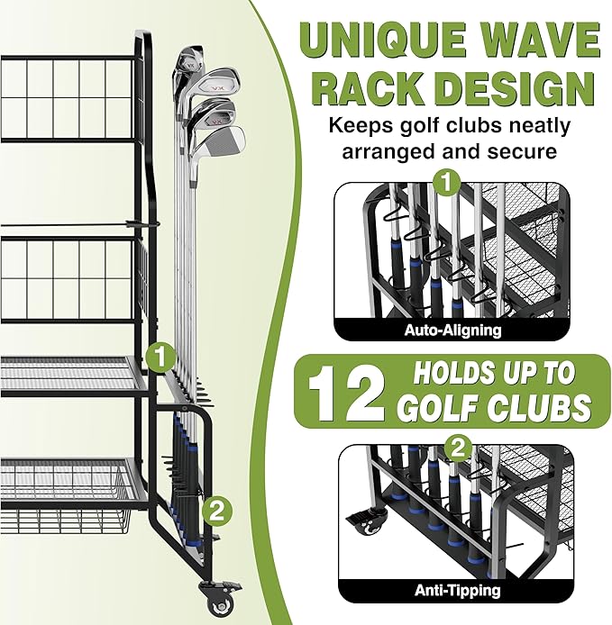 Heavy-Duty Golf Bag Storage Garage Organizer with Wheels - Large Dual Bag Stand & Club Rack with 2 Ball Drawers, Innovative Wave Holder, and Extra Shoe Shelf for Garage & Home