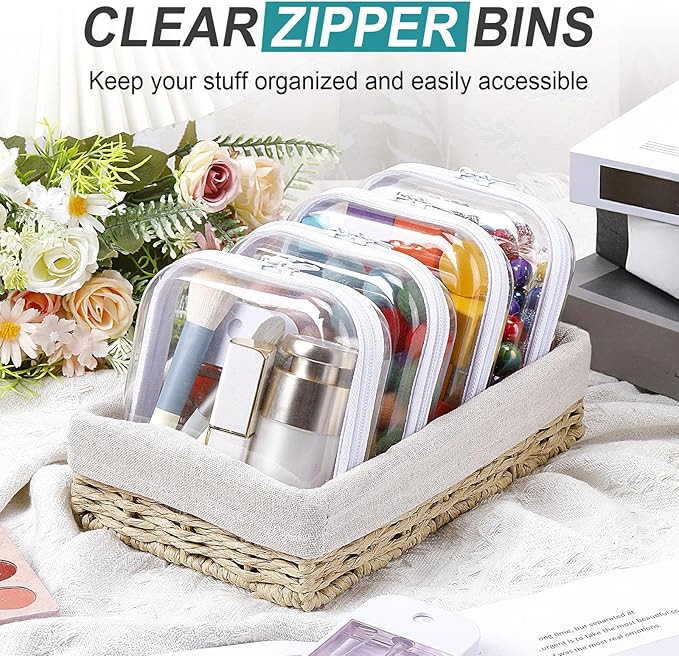 Hoolerry 4 Pcs Hard Clear Zipper Case Makeup Bags Plastic Pencil Pouch Transparent Storage Box Containers for Cosmetics, Snacks, Building Blocks, Puzzles(White,5 x 5 x 2 in)
