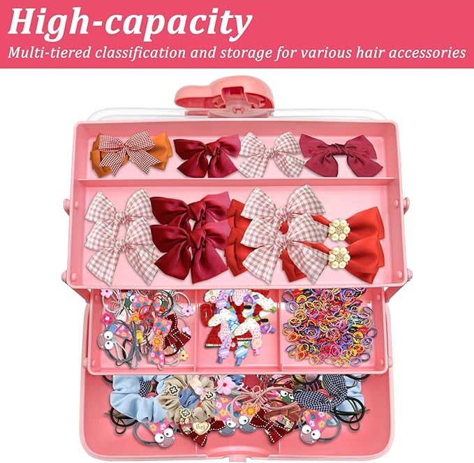 3-Tier Lockable Hair Accessories Organizer for Girls - Foldable Craft Storage Box Pink Plastic box with 2 Trays for Headbands, Art Supplies, Beads & Washi Tapes