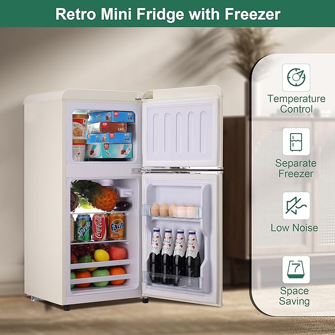 Retro Mini Fridge, 3.2 Cu. Ft. Small Refrigerator with Freezer Retro Style with 7-Level Adjustable Thermostat, Compact Vintage 2-Door Fridge for Apartments, Dorm, Office, Cream