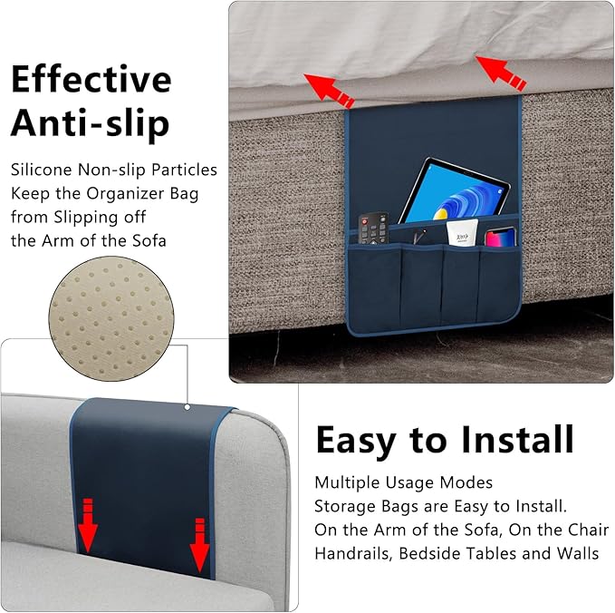 TV Remote Control Holder Couch Caddy, Non-slip Bedside Caddy Organizer with 5 Pockets for Key Glasses Phone Magazine Holders