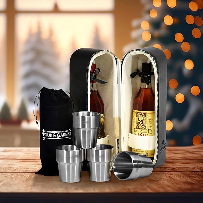POUR & GARNISH Bourbon, Whiskey & Wine Double Bottle Travel Bag – Vegan Leather Spirits Carrier with 4 Stainless Steel Insulated Glasses & Gift Pouch – Luxury Barware Gift