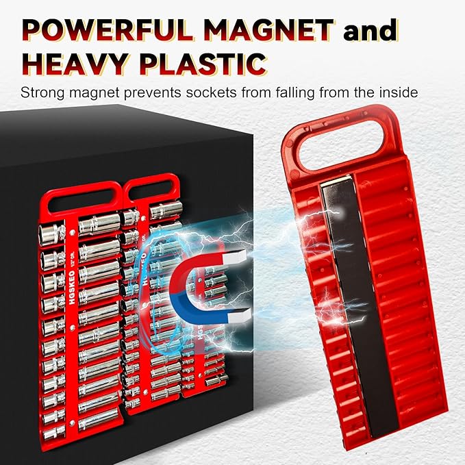 Magnetic Socket Holder Set with Handle, Portable Socket Organizer, Heavy Duty Socket Racks 1/4" Drive Holders Hold 26 standard Sockets for Tool Box(Red, 1/4" Drive)