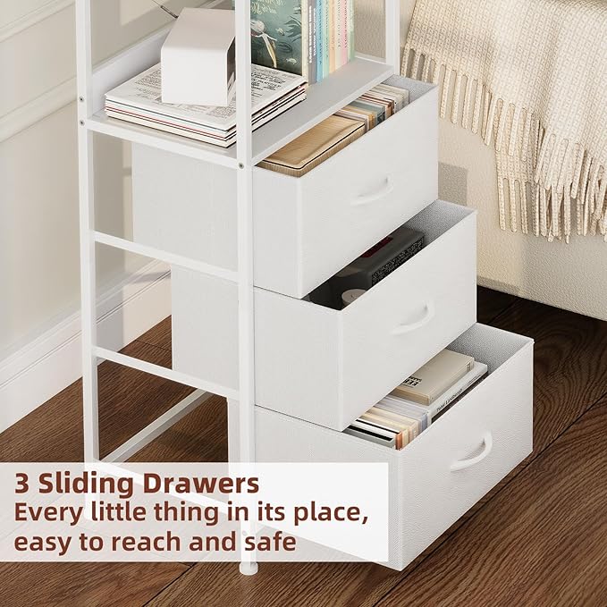 Somdot 3 Tier Bookshelf with Drawer, Tall Bookcase with Shelves, Bookshelf Desktop Organizer, Display Standing Shelf Units for Living Room, Bedroom, Study Room, White Leather