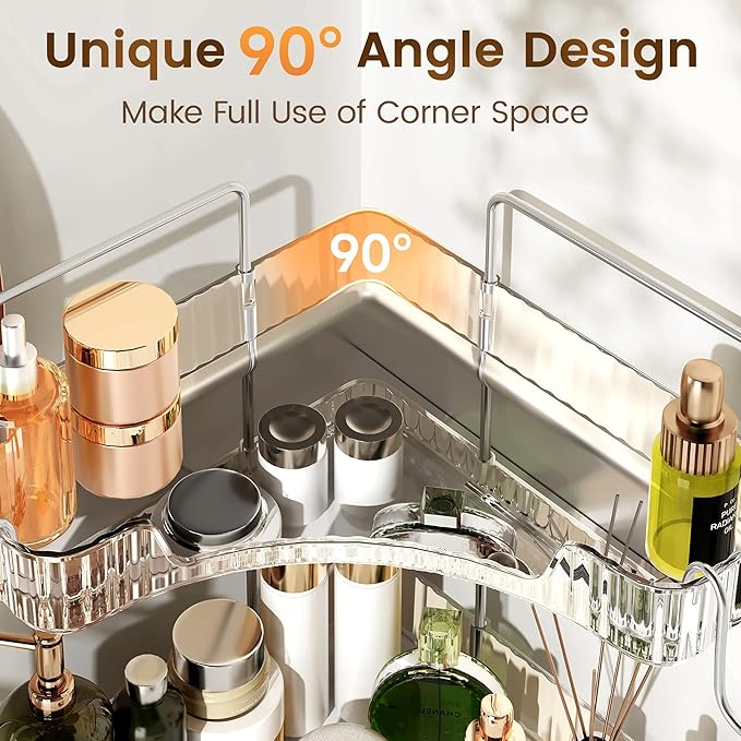 Corner Bathroom Counter Organizer 3-Tier Bathroom Organizer Countertop with Hooks Perfume Organizers Storage Shelf for Makeup & Skincare Dresser-Clear