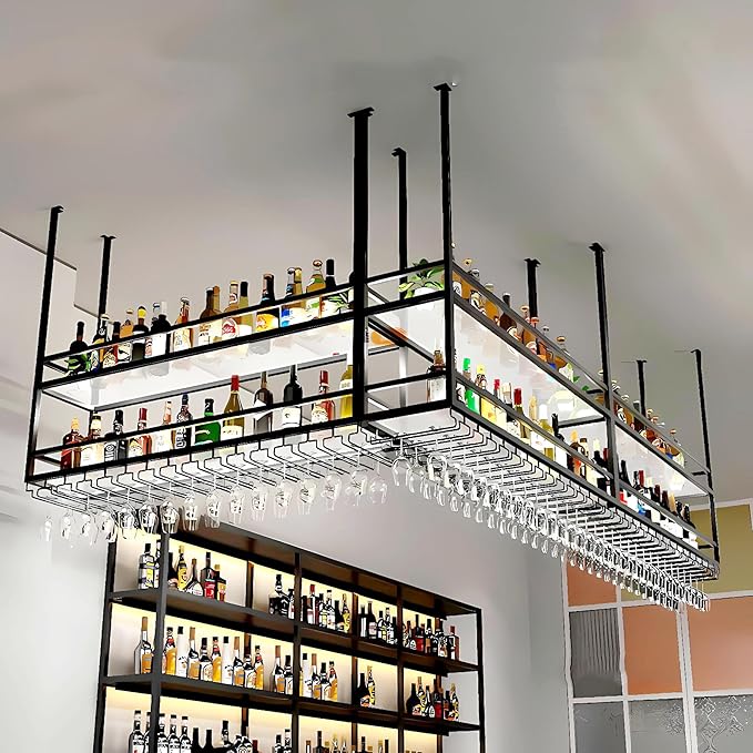 59IN Acrylic Ceiling Wine Glass Rack with Transparent Shelves, Hanging Wine Rack with Glass Holder and LED Lights, 2 Layer Ceiling Bottle Holder Shelf for Bar Kitchen Decorate (59in/150cm)