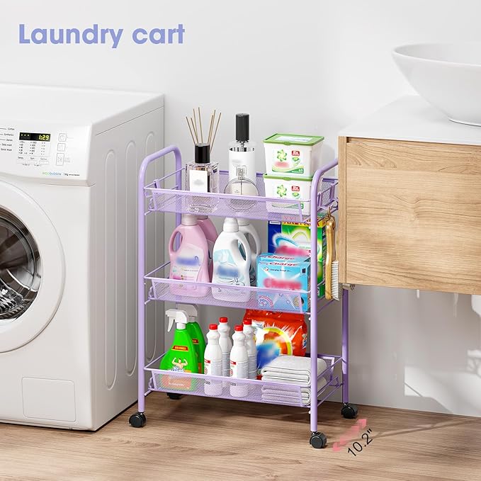 TOOLF 3-Tier Metal Rolling Cart, Mesh Wire Easy Assemble Utility Cart, Storage Trolley on Wheels with 3 Hooks, MetalStorage Shelving Units for Kitchen Bathroom Laundry Room