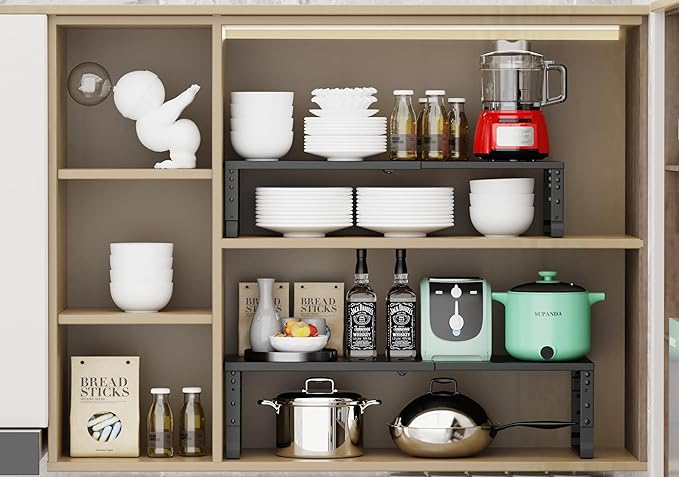 Expandable Stackable Spice Rack Organizer for Kitchen Cabinet,Adjustable Counter Shelf, countertop, Pantry,Cupboard,Bathroom,Bedroom(2Packs/Black/Large)