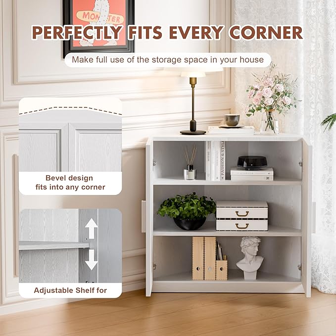 Casaphoria Farmhouse Corner Cabinet, Wooden Corner Storage Cabinet with Adjustable Shelves, Narrow Storage Organizer for Small Space, 31" H x 31" W x 16" D, 44Lb, White