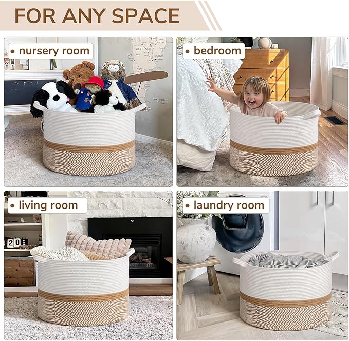 INDRESSME XXXLarge Cotton Rope Basket 21.7" x 21.7" x 13.8" Woven Baby laundry Blanket Basket for Home Decor Living Room Nursery, Toy Storage Baskets for Kids Boys Girls, White & Camel Mix