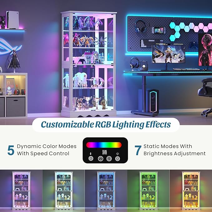 Glass Display Cabinet with RGB Light, 5-Tier Curio Cabinet for Collectibles, Display Case with Removable Shelves, Human Sensor Design, White
