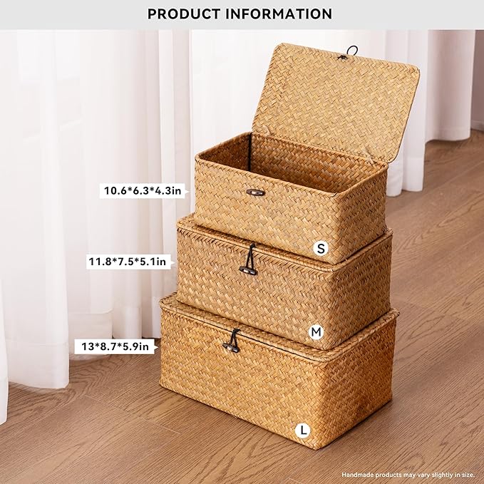 Nonam Storage Basket with Lid, Natural Seagrass Bin with Lid Set of 3, Shelf Baskets Multipurpose Container for Boho Decoration, Rectangular Household Storage Boxes for Home Organization