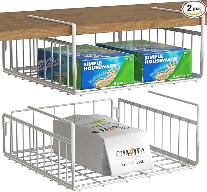 Simple Houseware Under Shelf Basket, White – 2-Pack Space-Saving Storage Organizer for Kitchen, Pantry, Closet, Office – Wire Metal Shelf Organizer, No Tools Required