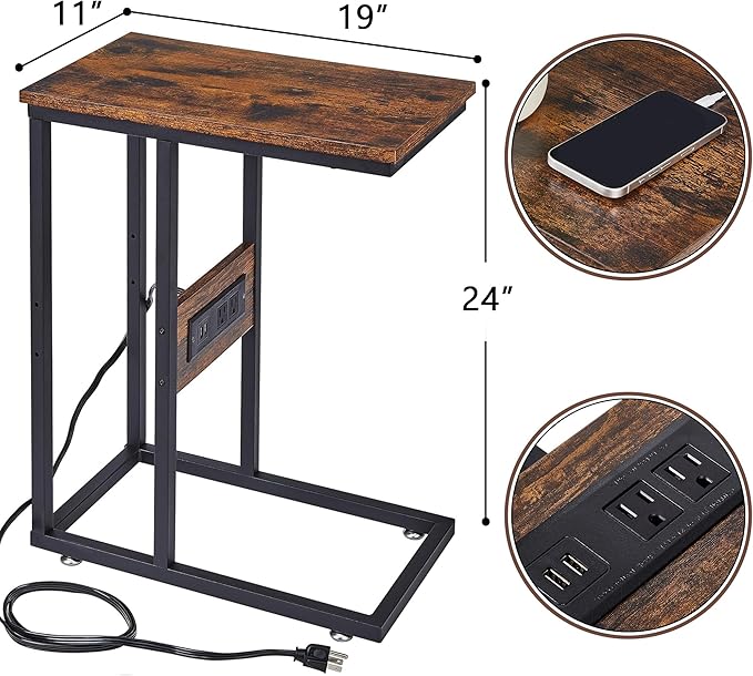 VECELO C Shaped End Side Table with Charging Station & Power Outlets for Couch Sofa/Bed, Snack TV Tray with Metal Frame for Living Room Bedroom 2 PCS, Brown