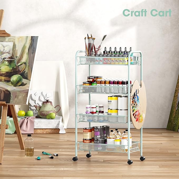 TOOLF 4-Tier Rolling Cart, Metal Utility Cart with 3 Hooks, Easy Assemble Mobile Storage Trolley On Wheels, Metal Shelving Units Kitchen Bathroom Laundry Room