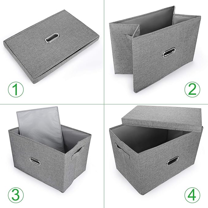 Large Linen Fabric Foldable Storage Bins with Removable Lid and Handles, Washable Storage Box Organizer Containers Baskets Cube with Cover for Bedroom,Office(Cream, Small)