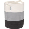 Sea Team Large Size Cotton Rope Woven Storage Basket with Handles, Laundry Hamper, Fabric Bucket, Drum, Clothes Toys Organizer for Kid's Room, 20 x 14 inches, Round Open Design, White & Grey