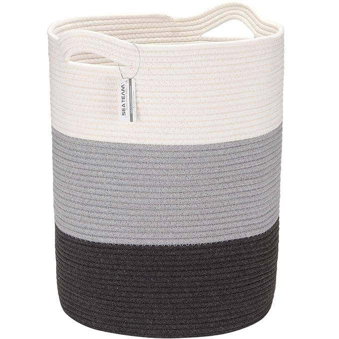Sea Team Large Size Cotton Rope Woven Storage Basket with Handles, Laundry Hamper, Fabric Bucket, Drum, Clothes Toys Organizer for Kid's Room, 20 x 14 inches, Round Open Design, White & Grey