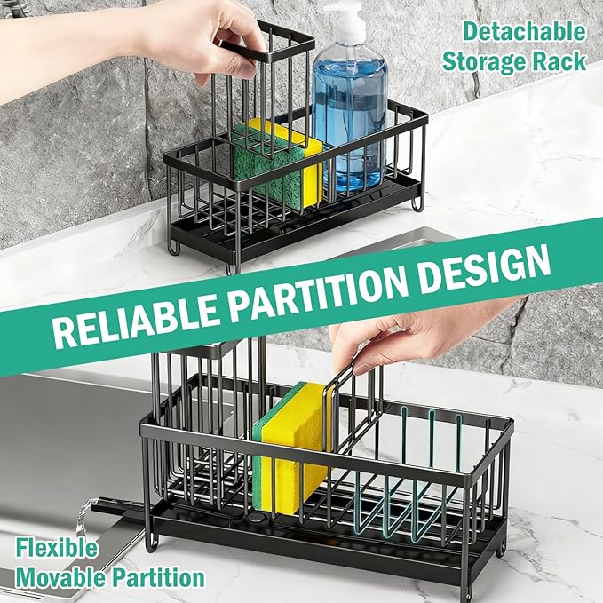 Sponge Holder for Kitchen Sink, Sink Caddy Organizer with High Brush Holder & Auto-Drain Tray, Rustproof Stainless Steel Countertop Storage for Soap Dispenser and Dish Brush, Fast Local Shipping