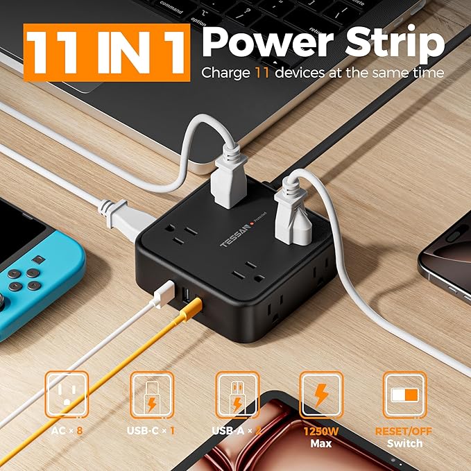 TESSAN Surge Protector Power Strip Black, 5 Ft Flat Plug Extension Cord with 3 USB (1 USB C) 8 Outlets, 900J Surge Protection, 3 Sided Outlet Extender with Power Switch for Office, Dorm Room