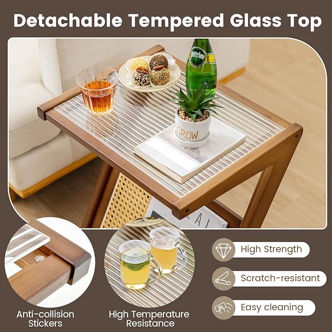GOFLAME Rattan Side Table, Z-Shaped End Table with Tempered Glass Top, Magazine Rack, Boho Night Stand, Small Coffee Table, Bamboo Accent Bedside Table for Living Room, Bedroom, Walnut