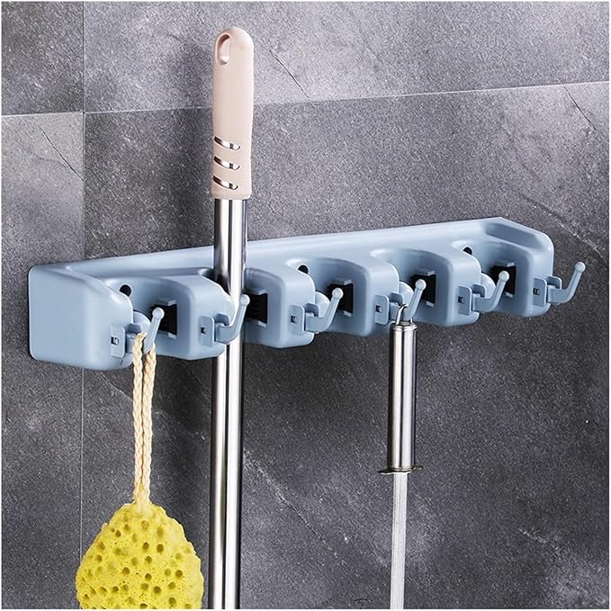 16 Inch Broom Holder Wall Mount with 6 Hooks, ABS Plastic Mop and Tool Organizer Rack for Garage Kitchen Laundry Room