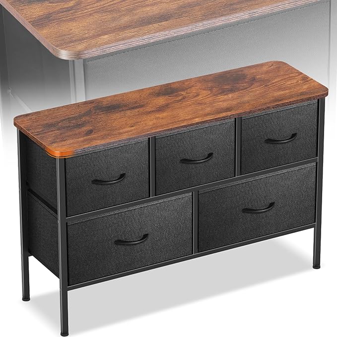 Curved Profile Dresser for Bedroom, Chest of Drawers, 5 Storage Drawers Organizer Unit, Black Dresser with Fabric Bins for Closet, Living Room, Kid Room (Black and Rustic Brown)