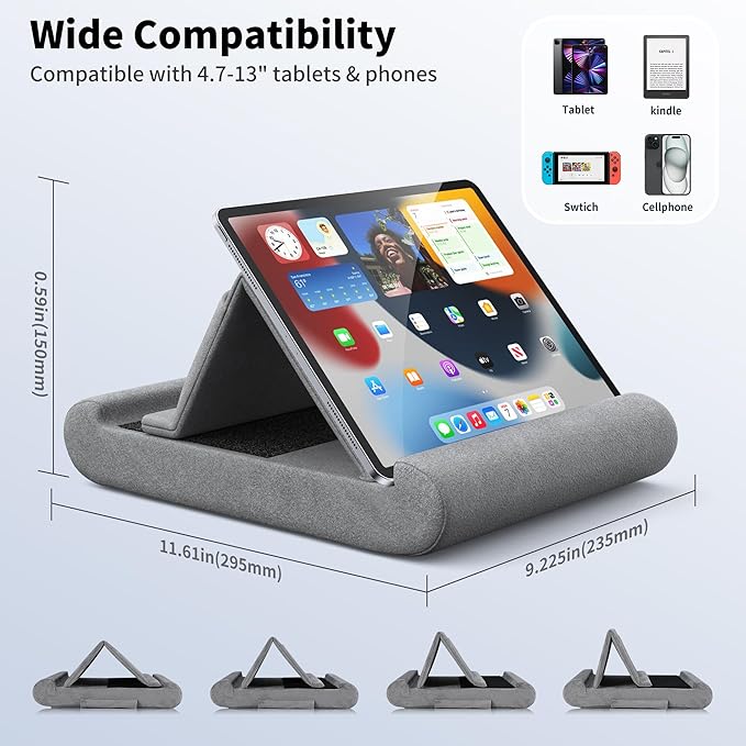 CreaDream Tablet Pillow Stand, Foldable Tablet Holder for Lap, Bed and Desk, Soft Pillow Pad with Pocket and Stylus Mount, for 4-13" Tablets, Like iPad Pro 11, 13, Air, Mini, Kindle, Galaxy Tab, Grey