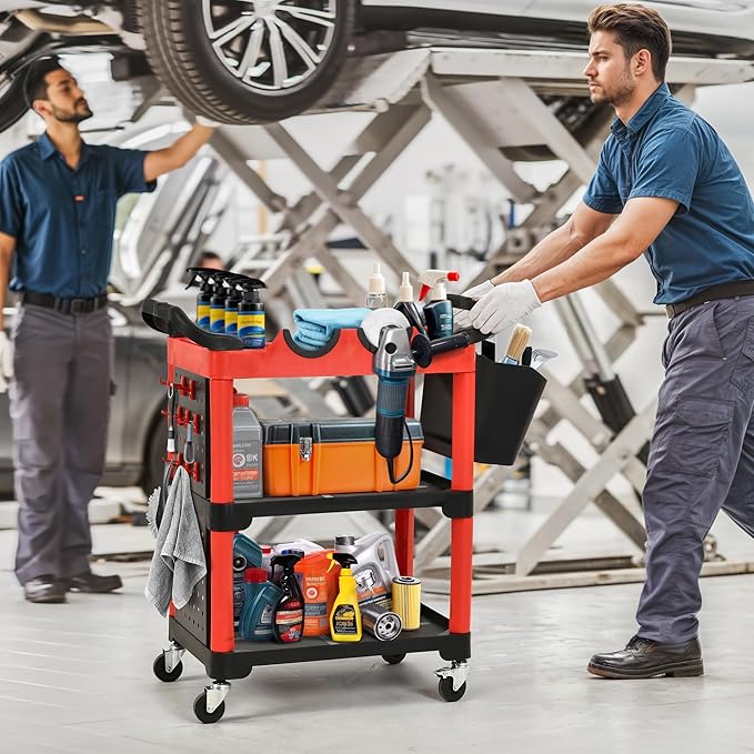 DWVO Auto Detailing Cart with Wheels, 3-Tier Rolling Tool Organizer with 2 Polisher Brackets, 17" D x 32" W Car Wash Utility Cart with Hooks & Hanging Bucket for Garage, Workshop, DIY Home