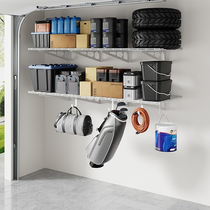 FLEXIMOUNTS 2-Pack 2x6ft Garage Shelving with Hooks, 24-inch-by-72-inch Wall Shelf Garage Storage Racks Floating Shelves, White, Classic Series