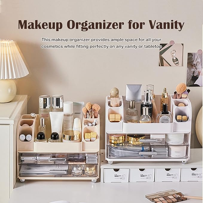 Large Makeup Organizers Countertop for Vanity, Bathroom Make Up Storage with Brush Holder, Cosmetic Display Case with 2 Drawers for Skincare,Lipstick (Green)