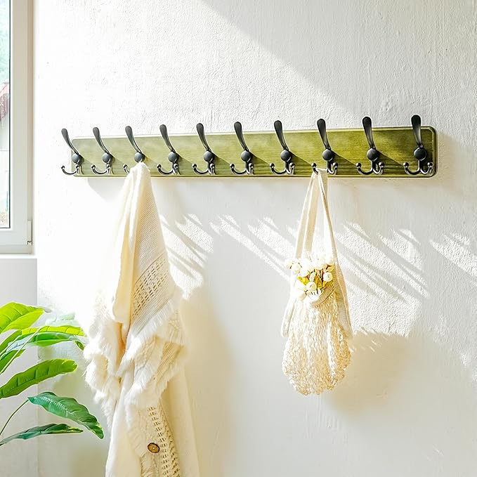 Dseap Coat Rack Wall - Heavy-Duty 38-1/4" Long, with Reinforced 10 Custom Tri-Hooks, Solid Wood Wall Hanger for Coats Hat Jackets - Rustic Farmhouse Entryway Hallway Storage, Weathered Green & Black