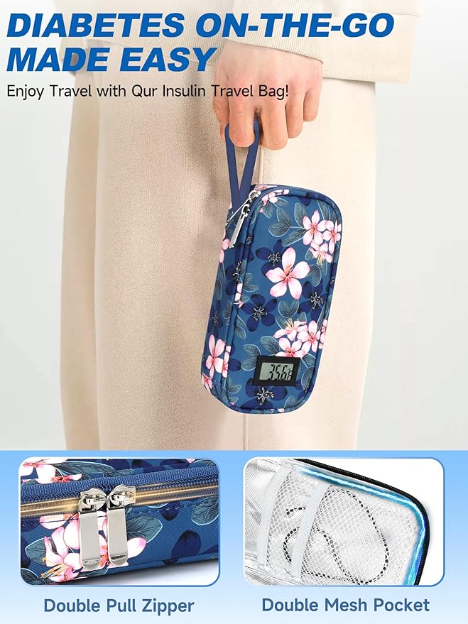 Insulin Cooler Travel Case with °F Display - TSA Approved Refrigerated Medicine Travel Bag with Protective Ice Brick, Long-Lasting Cooling for Vials and Pens (Magnolia)