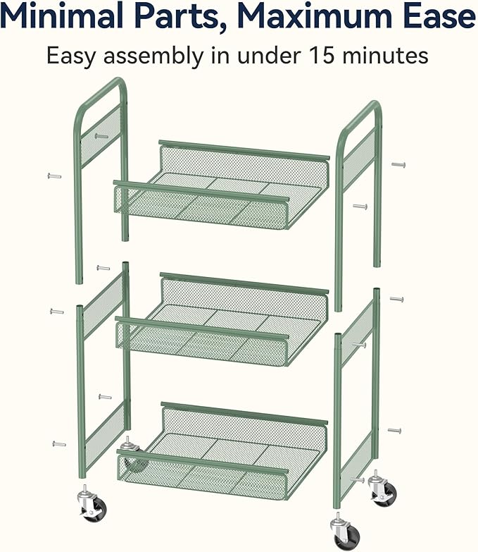 YASONIC 3 Tier Rolling Cart – Metal Utility Storage Carts with Wheels, Craft Carts Organizer with Hanging Cups, Hooks, Mesh Basket for Bedside Kitchen Office Art, Green