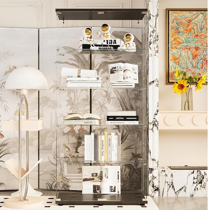 Beauty4U Glass Display Cabinet with 5 Shelves Double Door, Curio Cabinets for Living Room, Bedroom, Office, Black Floor Standing Glass Bookshelf, Quick Installation