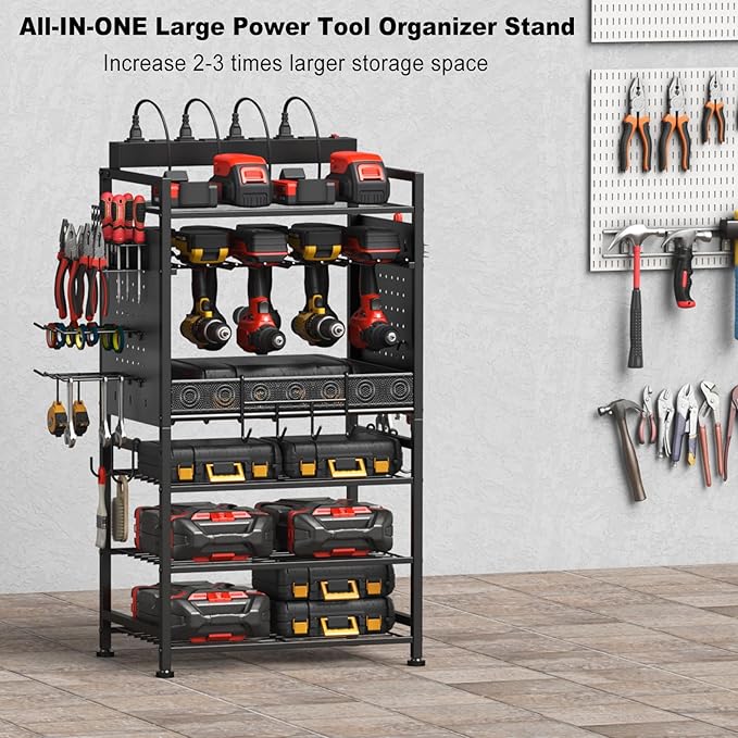 JUNNUJ Power Tool Organizer Floor Stand with Charging Station, Garage Adjustable Storage Rack Utility Tool Shelf with 8 Outlet Power Strip, Heavy Duty Drill and Battery Holder, Black