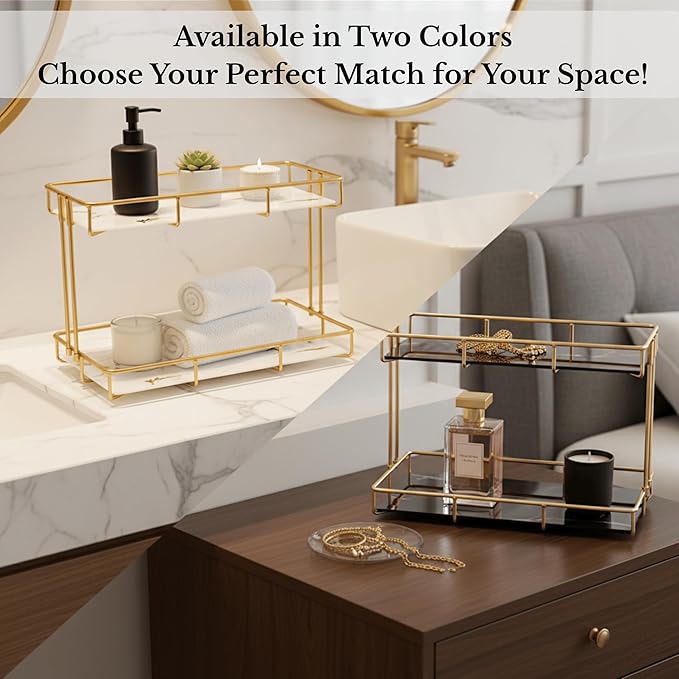 2-Tier White Marble Bathroom Countertop Organizer – Glass Shelves & Gold Metal Frame, Elegant Vanity Storage Shelf for Perfume, Skincare, Makeup & Toiletries