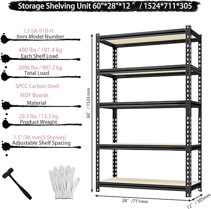 Storage Shelving Unit Heavy Duty Garage Shelves Metal Organizer Utility Rack for Kitchen Pantry Basement Pantry Warehouse Laundry 5 Tire 60" H x 28" W x 12" D 2000LBS