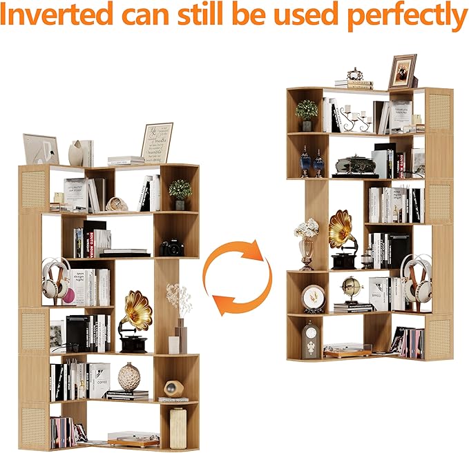 Corner Shelf,7-Tier Corner Bookshelf,Farmhouse L Shaped Shelves Etagere Bookcase, Large L Shaped Bookshelf with Vine Woven Open Storage Cabinet for Home Office (Large,Log Color)
