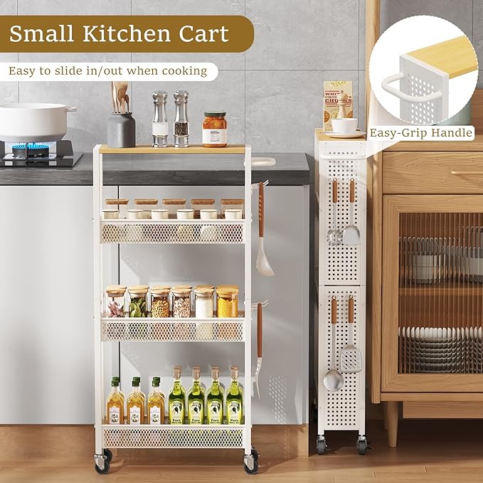 Utility Slim Storage Cart 4 Tier Small Rolling Kitchen Laundry Room Organization Cart with Wood Top Metal Narrow Bathroom Cart Cabinet Narrow Storage Cabinet Trolley with Handle for Small Space