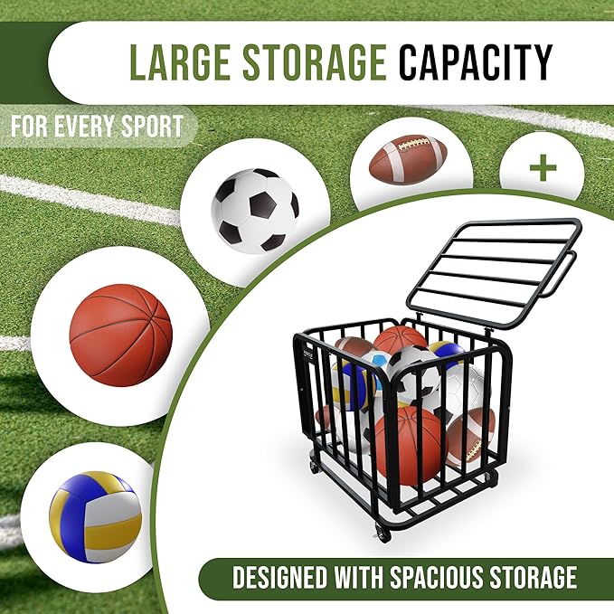 Ball Cart - Basketball Cart with Wheels, Ball Cage Garage Sports Equipment Organizer, Metal Rolling Multi Sports Ball Storage for Gym, Lockable Lid, Indoor and Outdoor.