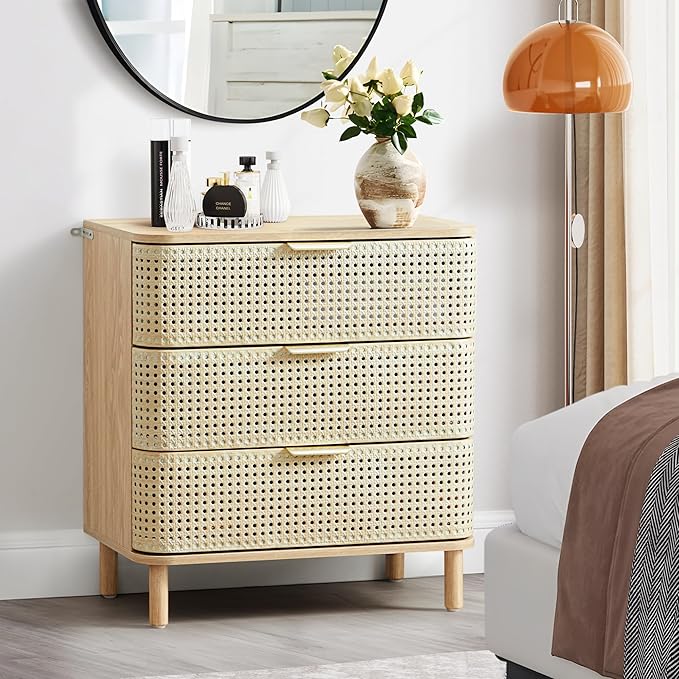 ORRD 3 Drawer Dresser Set of 2, Modern Iron Rattan Cabinet Dresser for Bedroom, Large Nightstand Accent Storage Chest of Drawers for Living Room, Bedroom - Natural