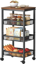 Hoctieon Rolling Storage Cart, 4-Tier Wide Panel Kitchen Storage Cart, Utility Carts with Handle & Wheels, Mobile Shelving Unit, Metal Frame Narrow Carts for Home Kitchen, Laundry, Rustic Brown