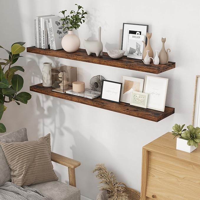 Fun Memories 55Inch Floating Shelves for Wall 1 Pack Shelves for Bedroom|Kitchen|Bathroom Wall Mounted Rustic Wood Floating Shelf with Invisible Brackets for Books|Storage|Decor, Rustic Brown