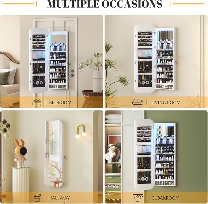 Vlsrka 47.2" LED Mirror Jewelry Cabinet, Wall/Door Mounted Full Length Mirror with Storage, Lockable Jewelry Armoire with Mirror, Rounded Corner Hanging Mirror Jewelry Organizer, White