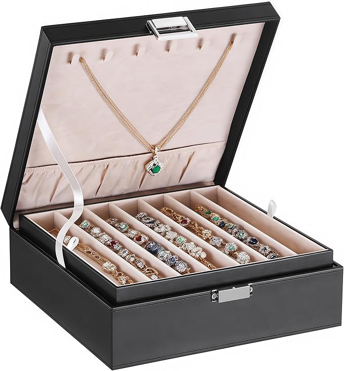 BEWISHOME Jewelry Box Organizer, 2-Layer Necklace Organizer Box, Modern Style Necklace And Bracelet Storage Case, Necklace Case for Women, Girls (Black SSH31B)